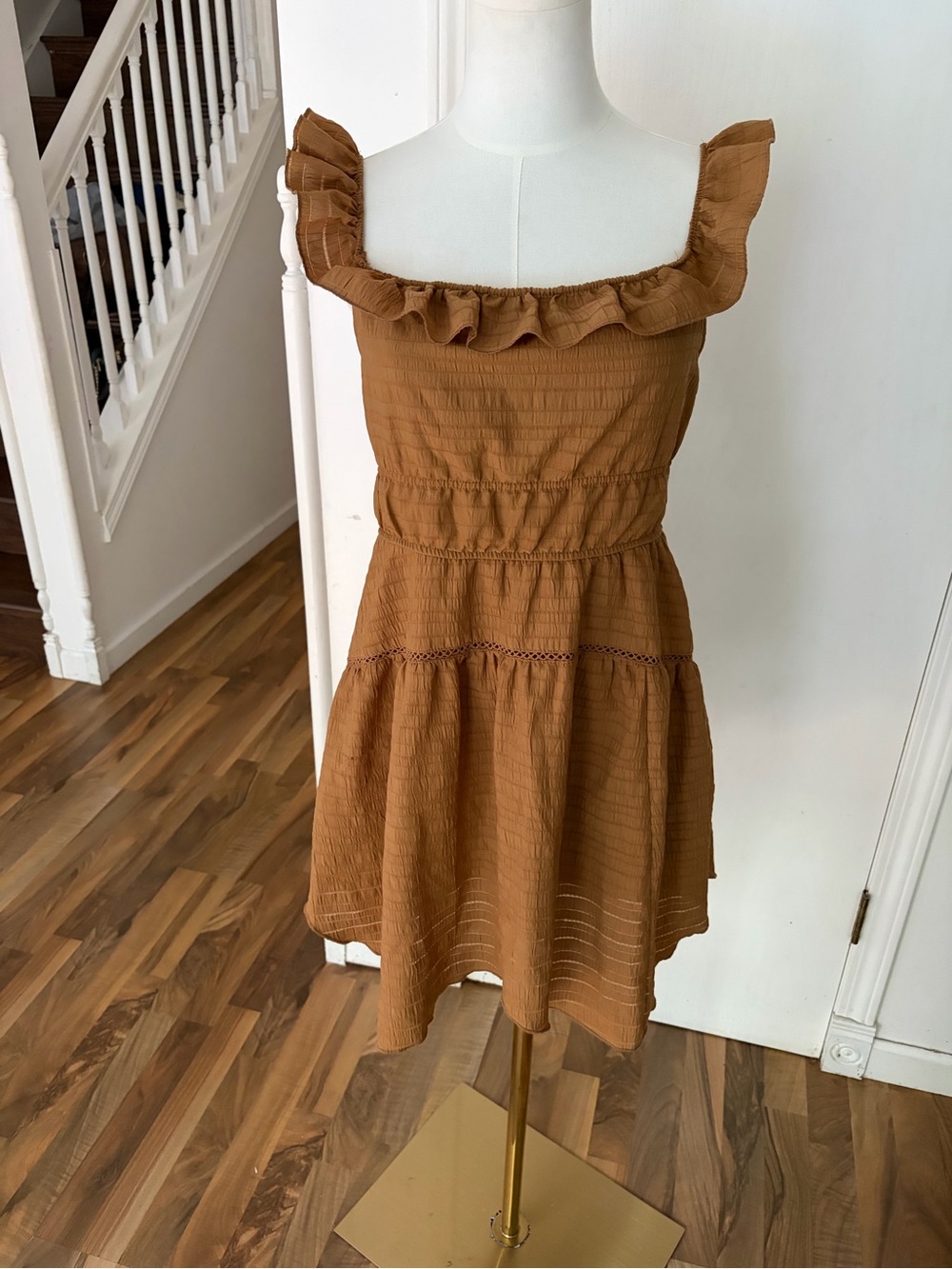 NWT Wild Fable Cognac Textured Ruffle Mini Dress Small Cottagecore Boho